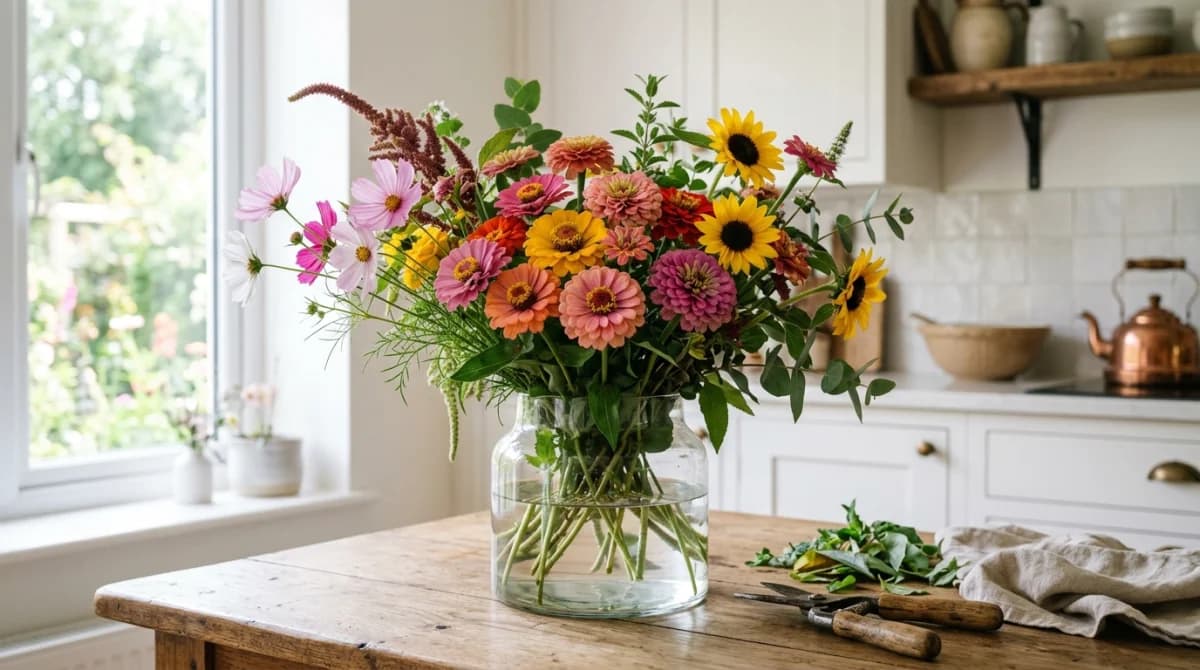 Cut flower arrangement of garden-grown zinnias, cosmos, and sunflowers in a glass vase on a kitchen table