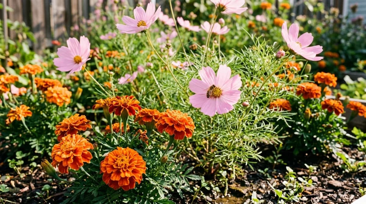 Close-up of bright orange marigolds and pink cosmos planted together in a sunny garden border