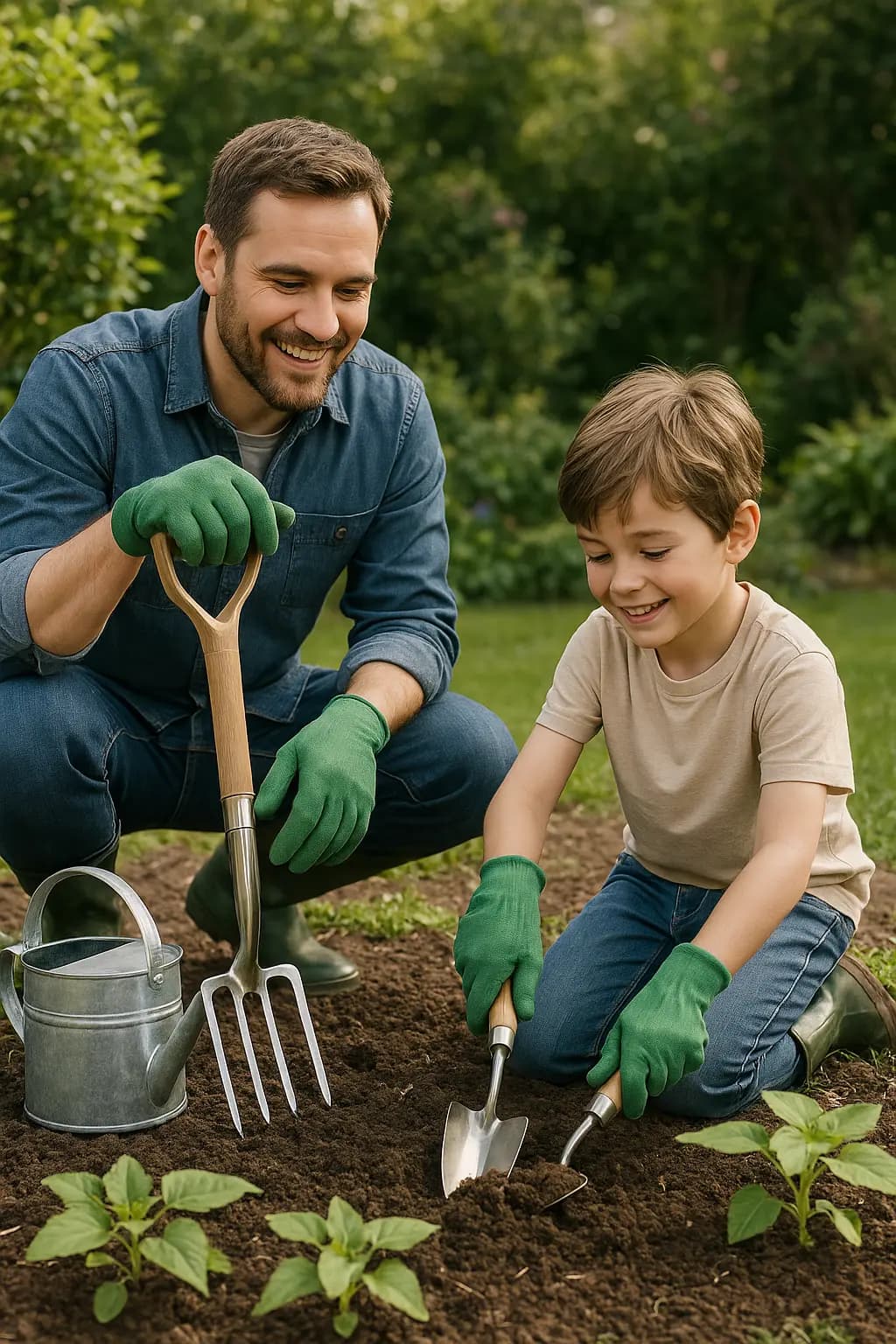 Father and son working together in the garden with quality tools