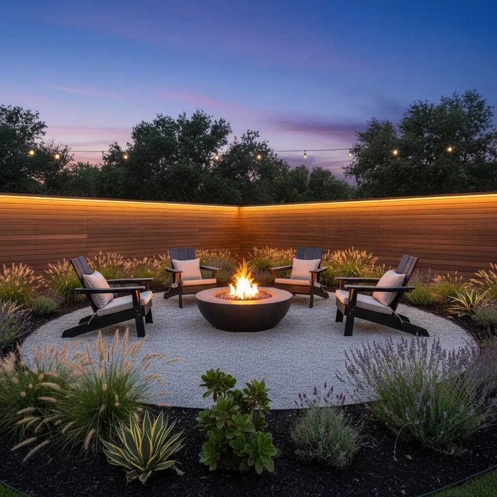 Professionally designed fire pit area with stone seating, proper clearances, and attractive plantings in evening setting