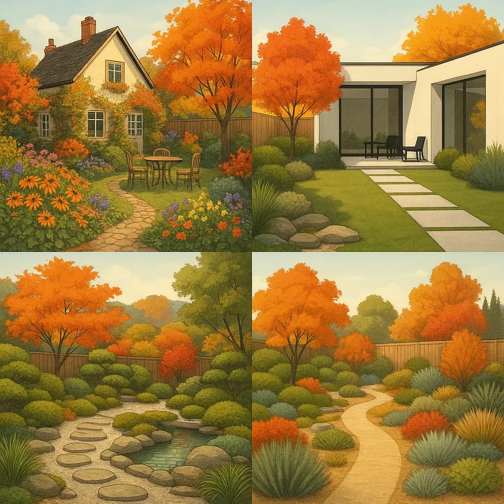 Four garden design styles compared: cottage, modern, Japanese, and native