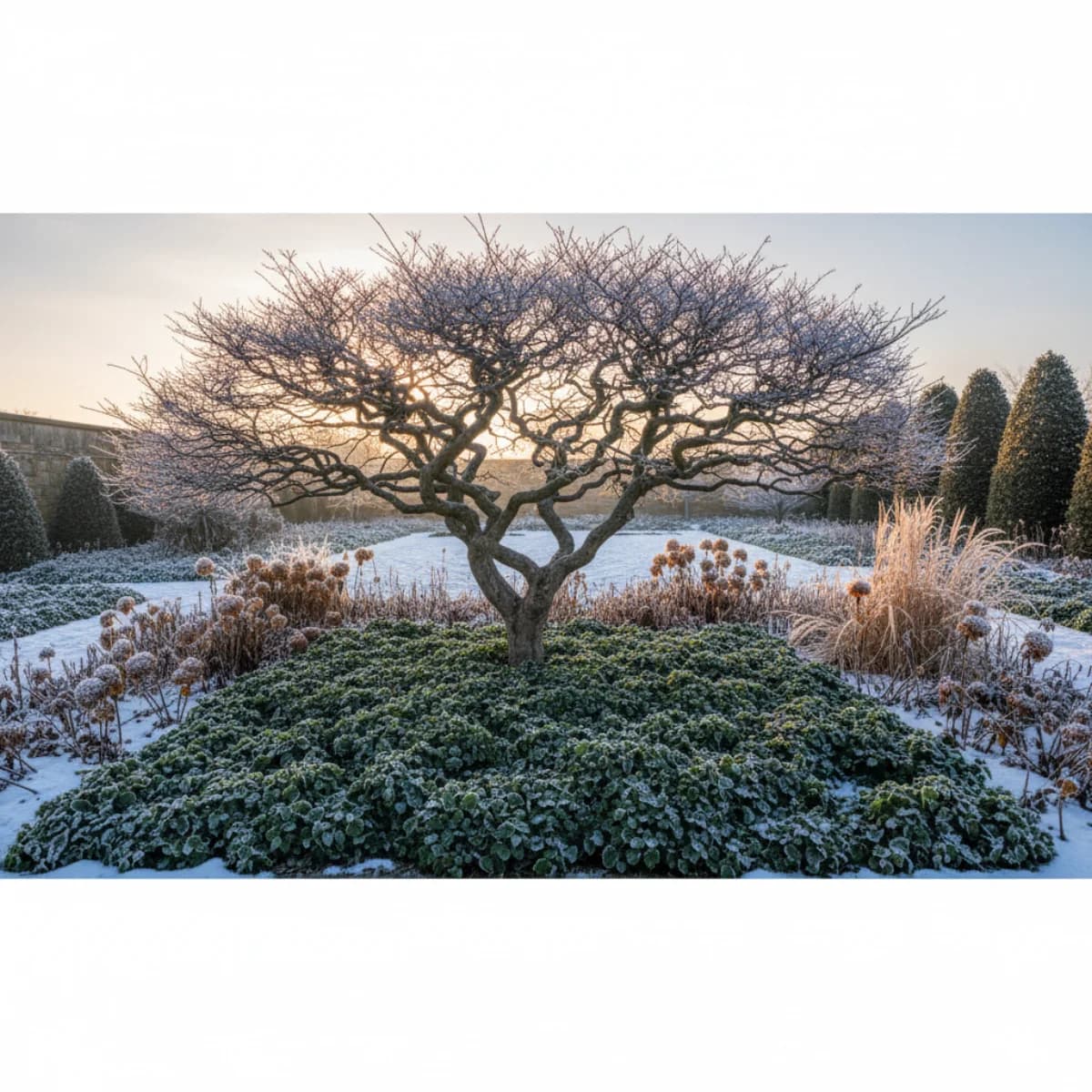 A winter garden with structural bare branches, evergreen ground cover, and frosted seedheads catching early morning light