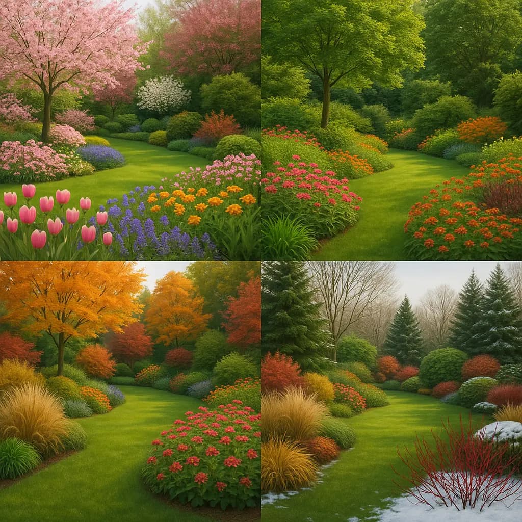 Composite image showing the same garden view through spring, summer, fall, and winter seasons