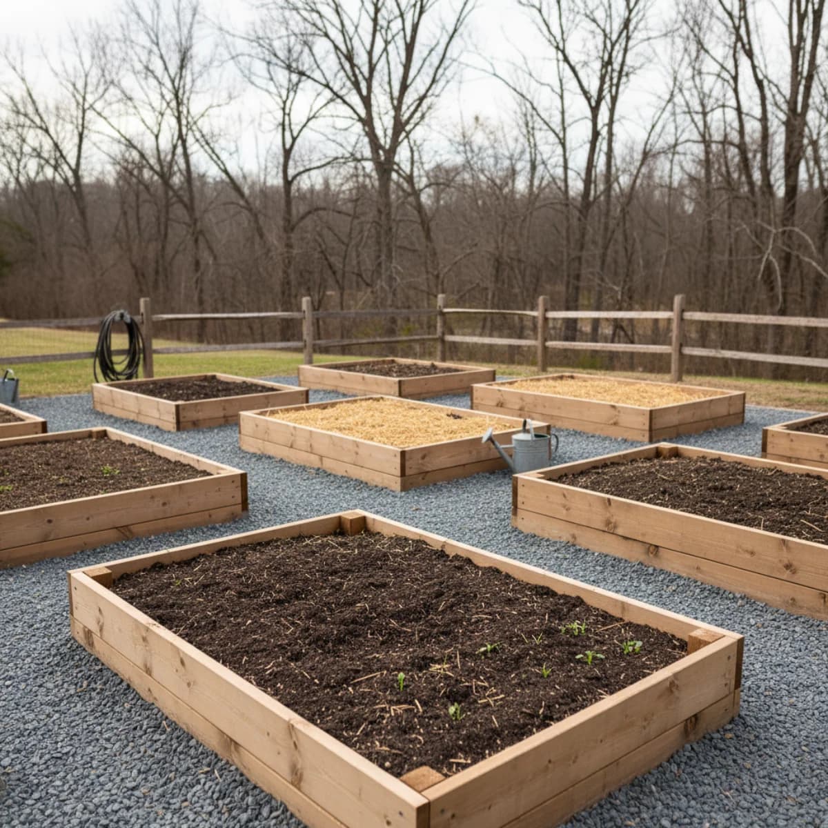 Neat raised garden beds with dark soil in early spring light