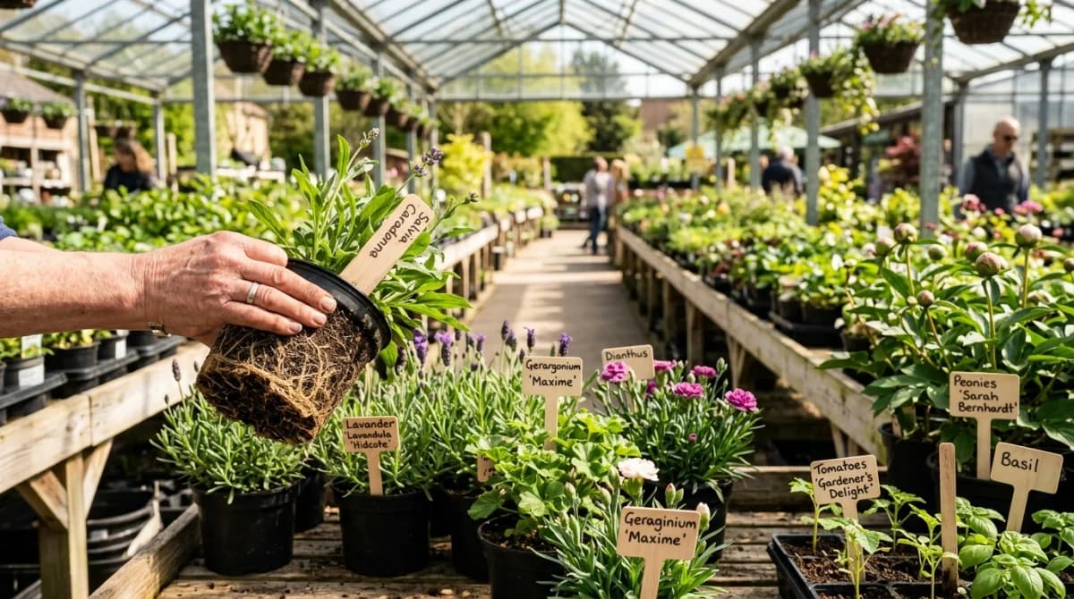 A sunny outdoor nursery aisle in early May with rows of potted perennials and annuals on wooden benches, a gardener's hand lifting one pot to inspect the roots