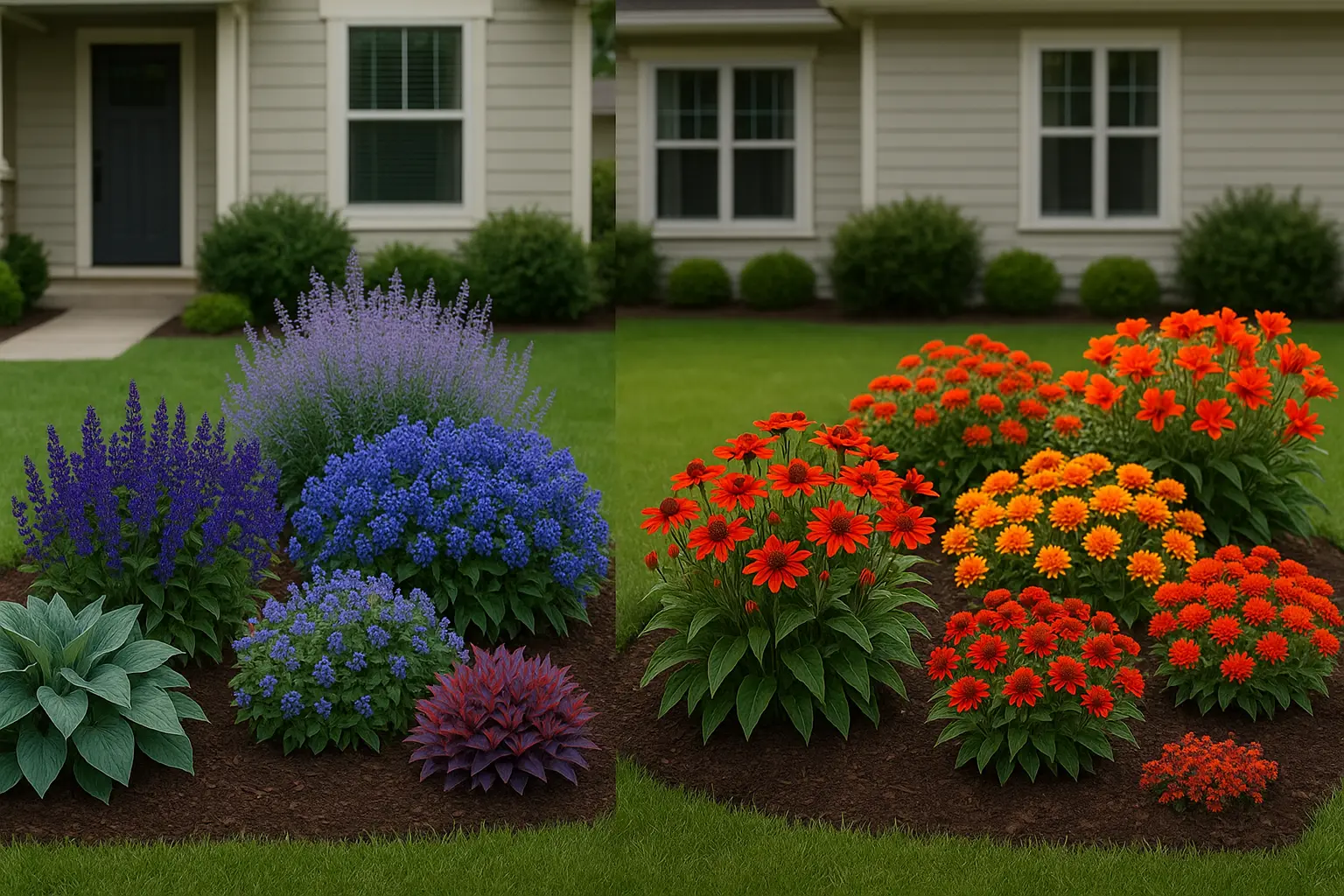 Split-view garden beds showing cool blues and purples versus warm reds and oranges