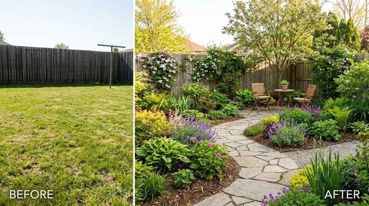 Before and after garden redesign showing transformed backyard layout