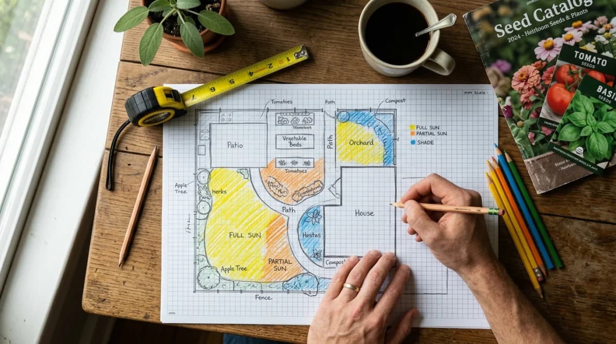 Sun and shade mapping diagram overlaid on a garden plan showing different light zones
