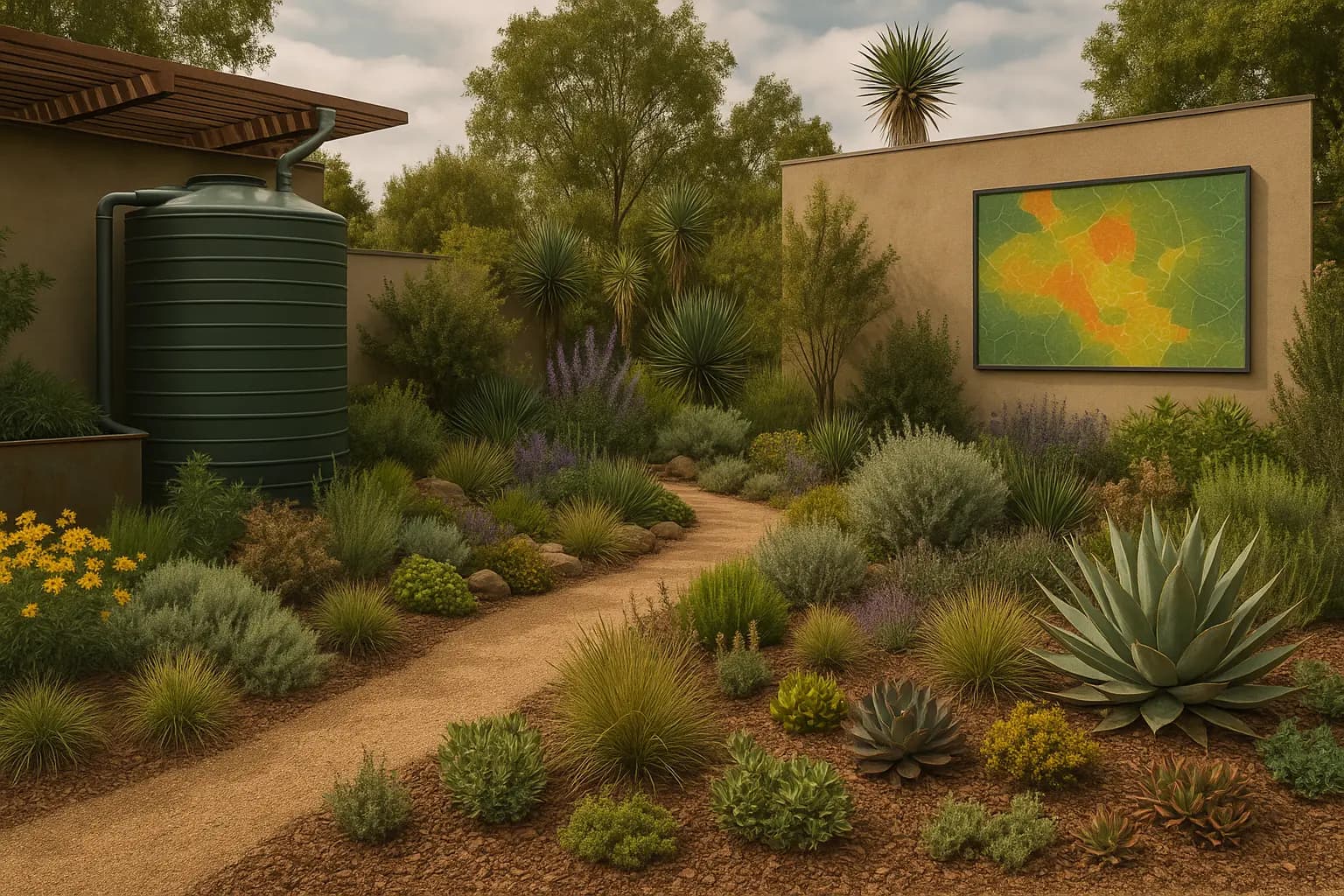 Detailed garden map showing different microclimates with temperature and moisture indicators