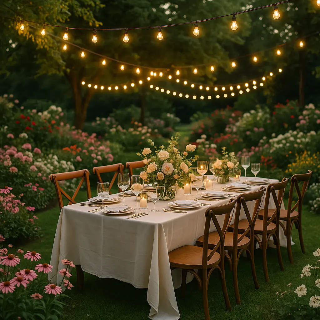 Beautiful garden party setup with outdoor dining, string lights, and abundant flowers