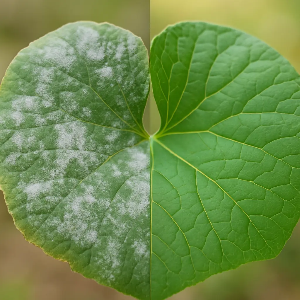 Powdery mildew on squash leaf contrasted with healthy foliage