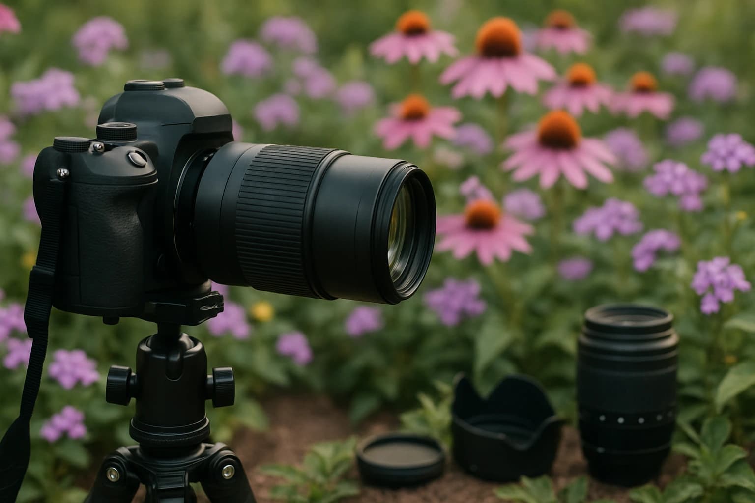 Professional camera setup for garden photography with beautiful flowers in the background