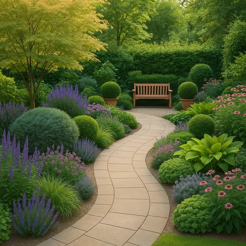 Peaceful garden pathway with balanced plantings and natural flow that demonstrates psychological design principles