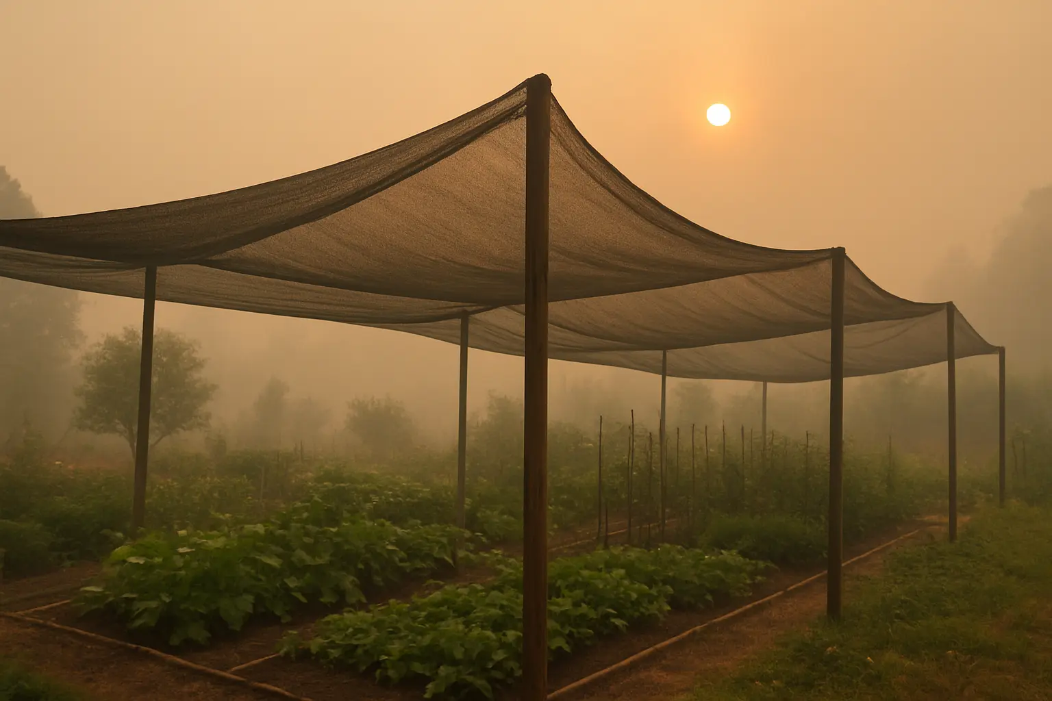 Garden with hazy sky showing smoke effects and protective shade cloth over plants