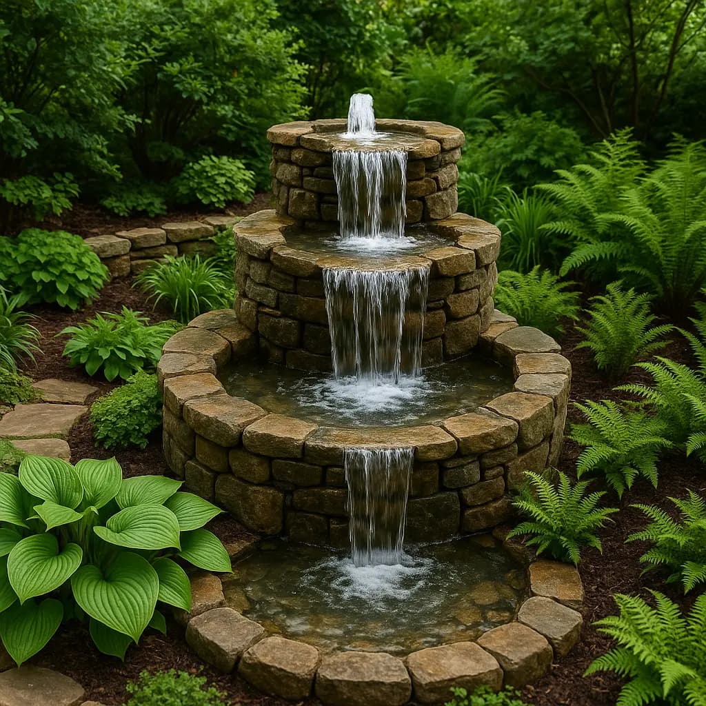 Beautiful garden water feature with cascading fountain surrounded by lush plants and natural stone