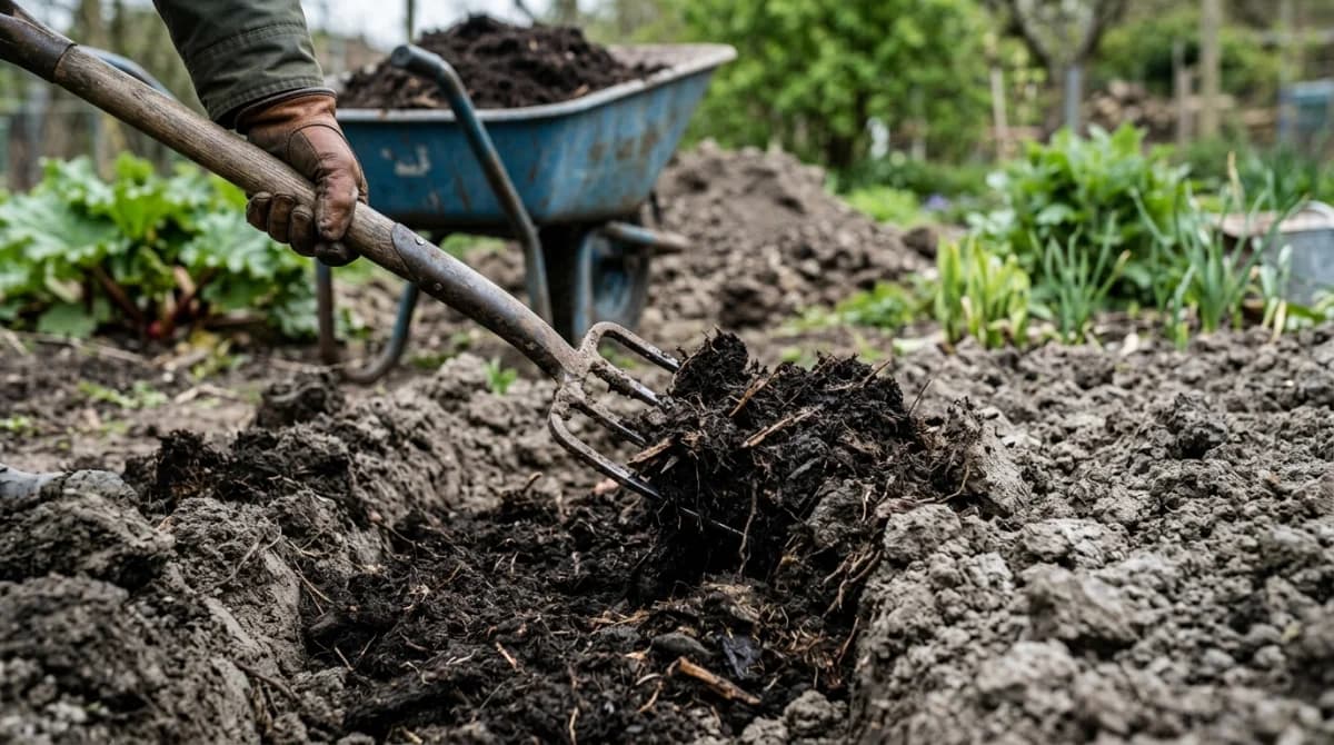 Compost being worked into clay garden soil with a garden fork