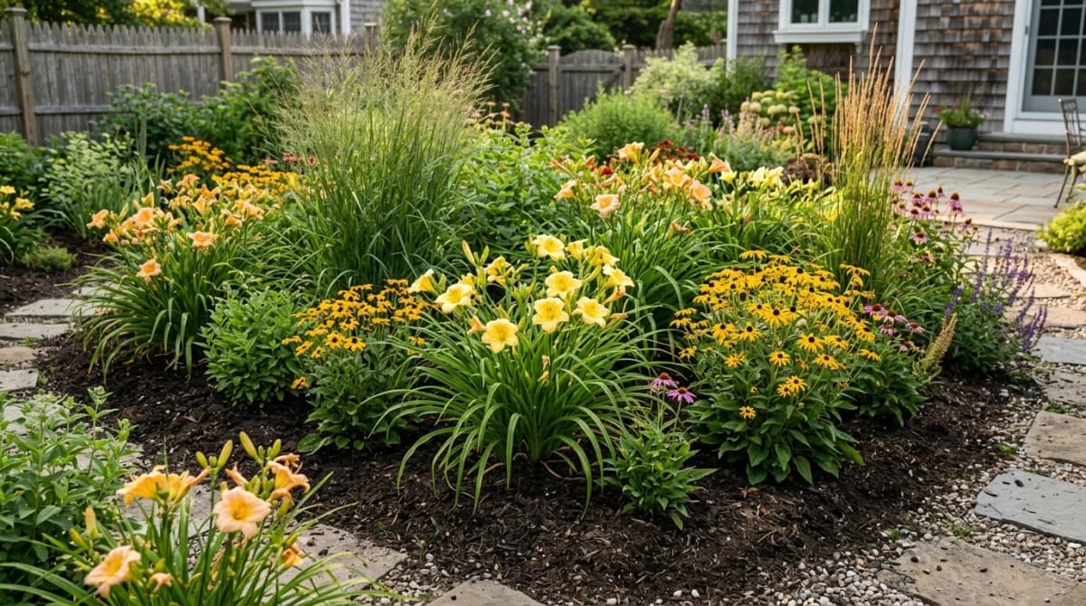 Thriving garden plants growing in amended clay soil beds with dark rich topsoil visible