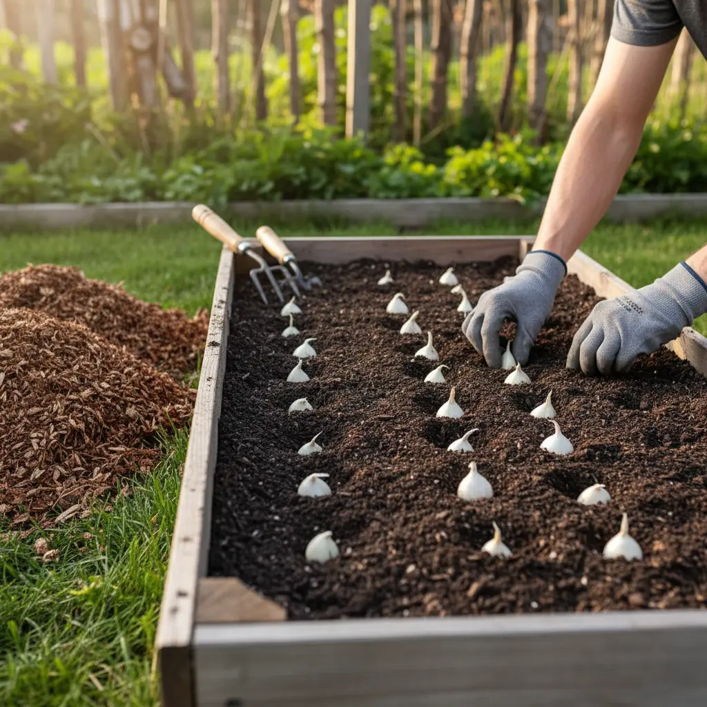 Raised bed with garlic cloves being planted, 6-inch spacing visible, mulch nearby