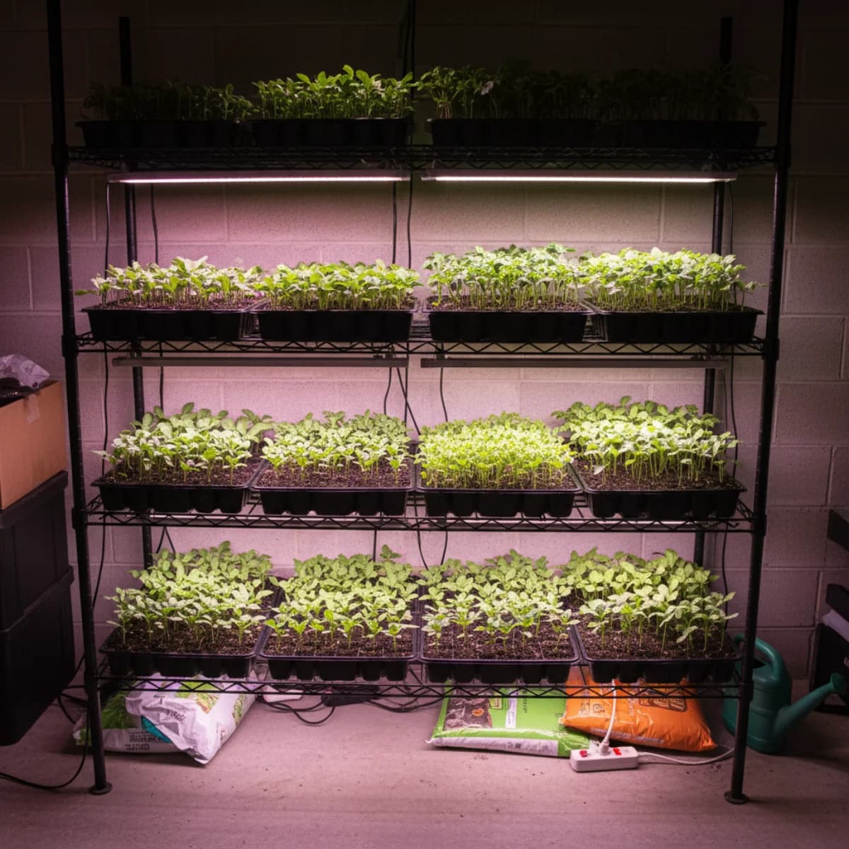 Rows of green seedlings growing under LED grow lights in a home basement setup