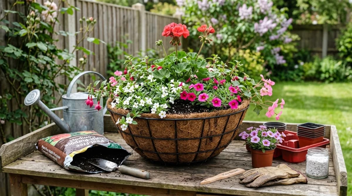 A wide hanging basket lined with coir, freshly planted with white bacopa and pink calibrachoa spilling over the edge, a tall white geranium and a red salvia in the centre, set on a potting bench beside a watering can and a tray of small annuals