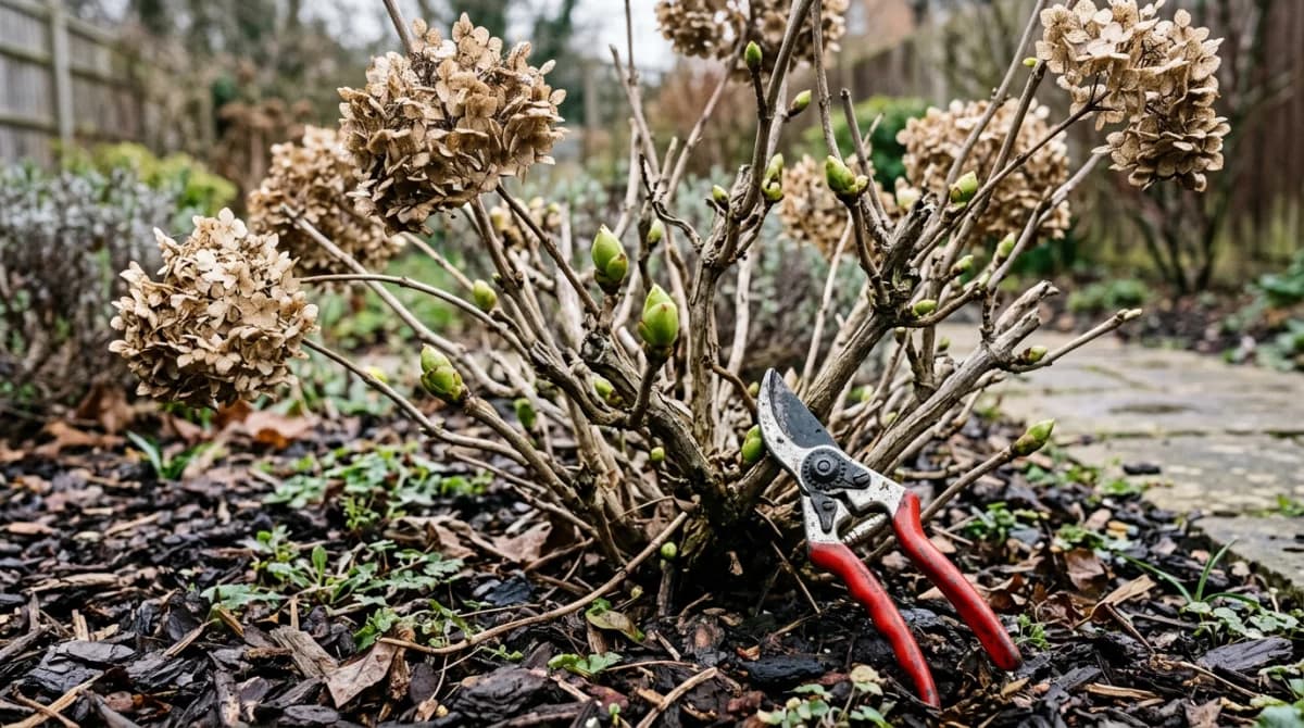 Dormant hydrangea shrub in early spring with pruning shears and dried flower heads
