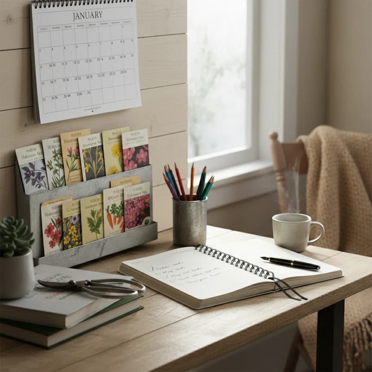 Organized garden planning desk with calendar, seed packets, and garden notebook in January