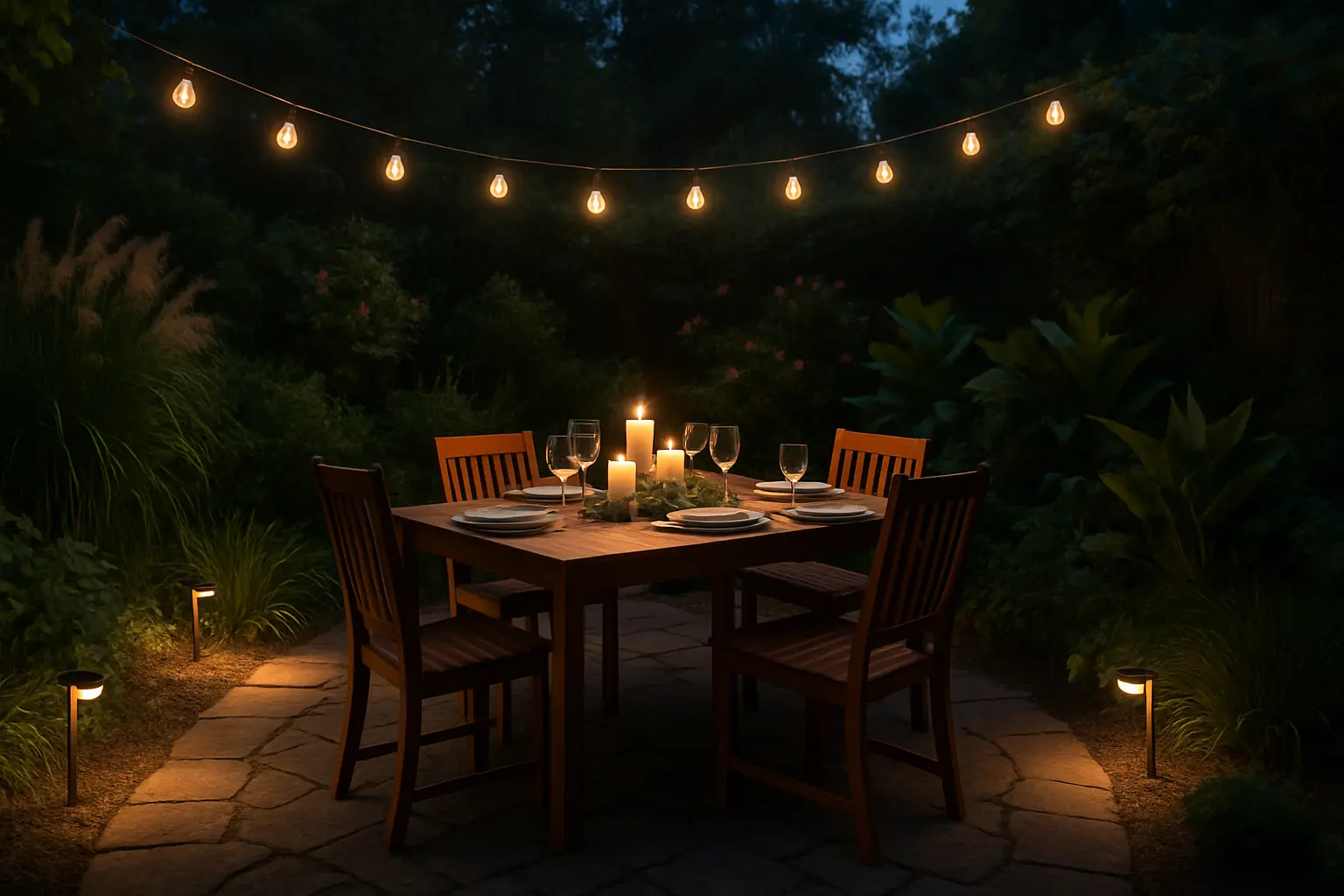 Backyard dinner scene at dusk, warm path lights, string lights over table, lush planting backdrop