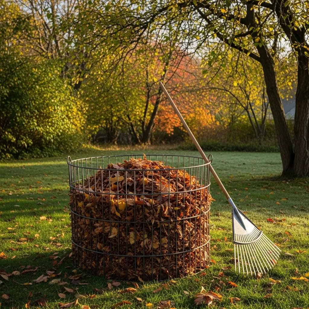 Backyard corner with circular wire bin full of shredded leaves, rake leaning, early fall color in trees