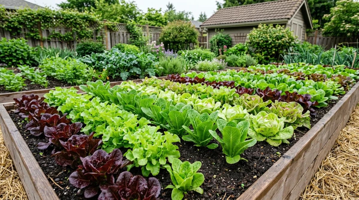 Rows of colorful lettuce varieties growing in a spring garden bed
