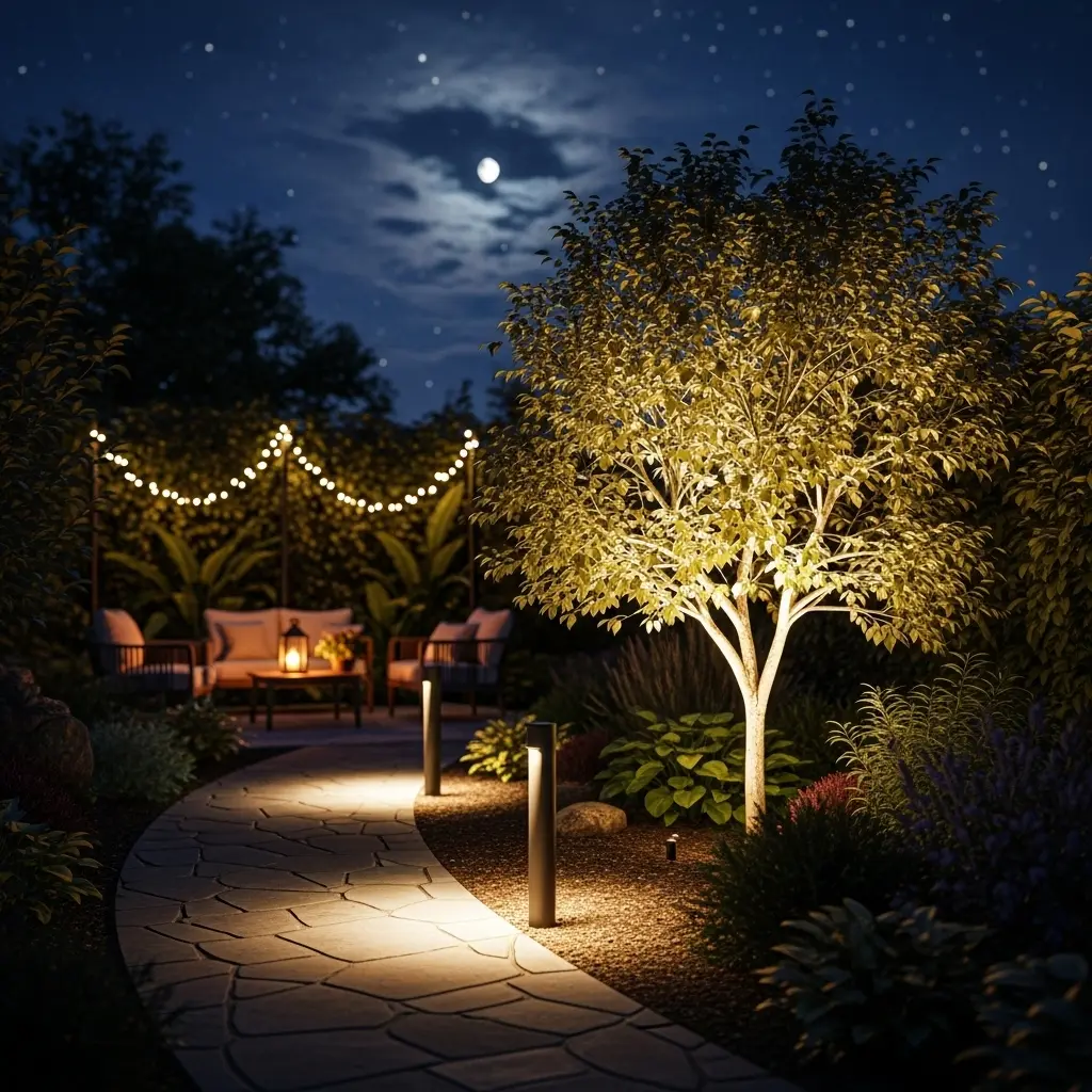 Night garden with low bollard lights along path, warm wash on small tree, seating area in background