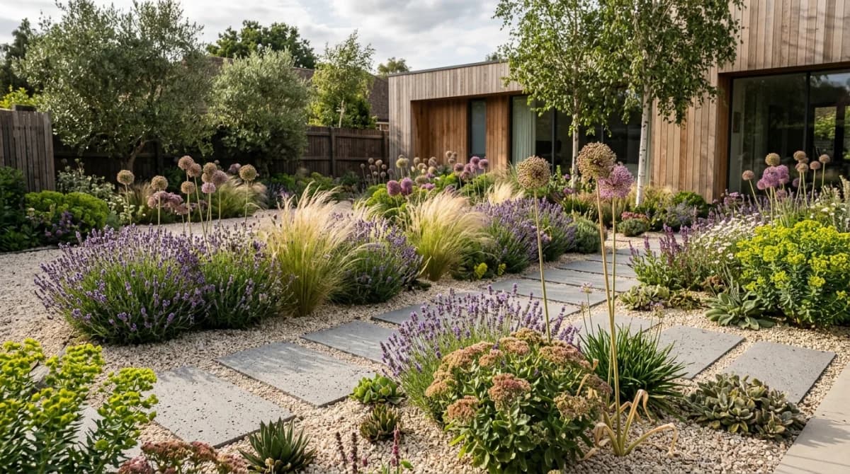 Gravel garden with drought-tolerant plants and ornamental grasses in a modern design