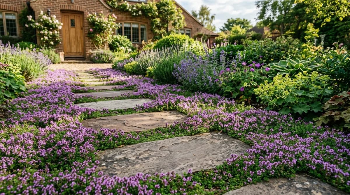 Groundcover plants replacing lawn along a garden path with stepping stones