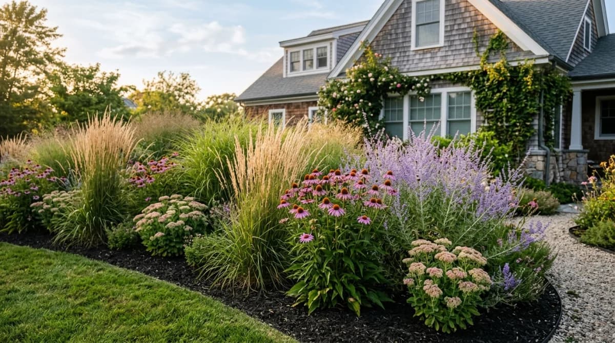 Beautiful low-maintenance perennial garden with ornamental grasses and native plants