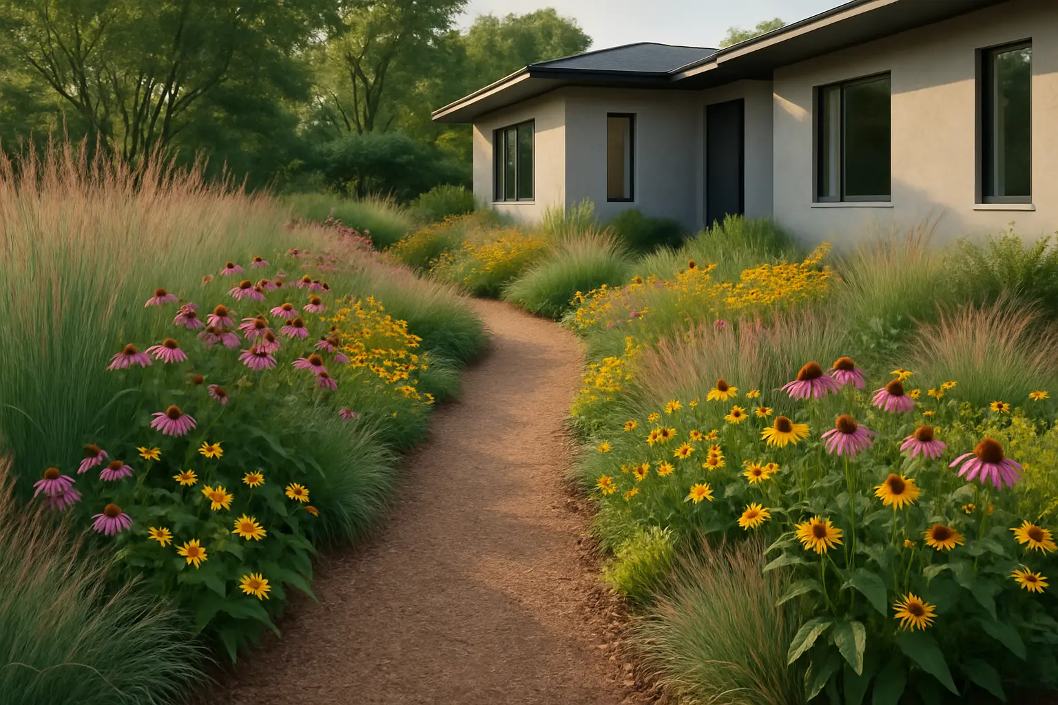 Curved pathway through native grasses and perennials with modern home backdrop