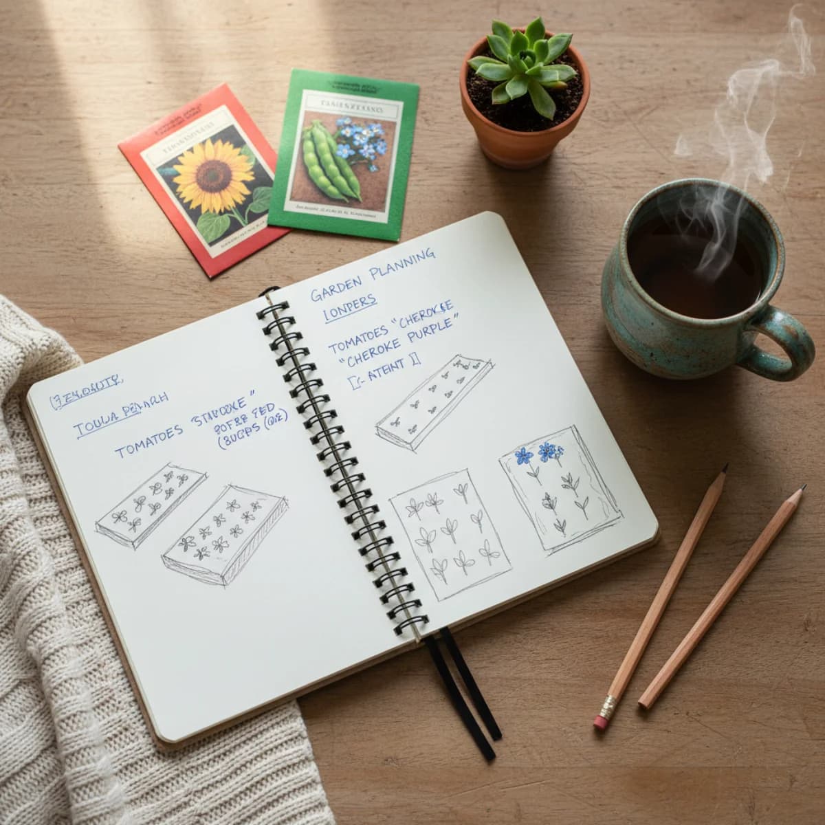 A cozy garden planning scene with notebooks, seed packets, and a cup of tea on a January table