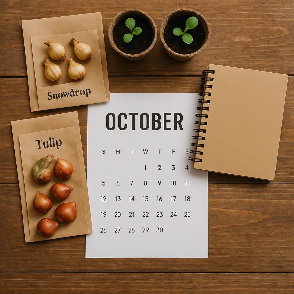October garden planning with bulbs and calendar