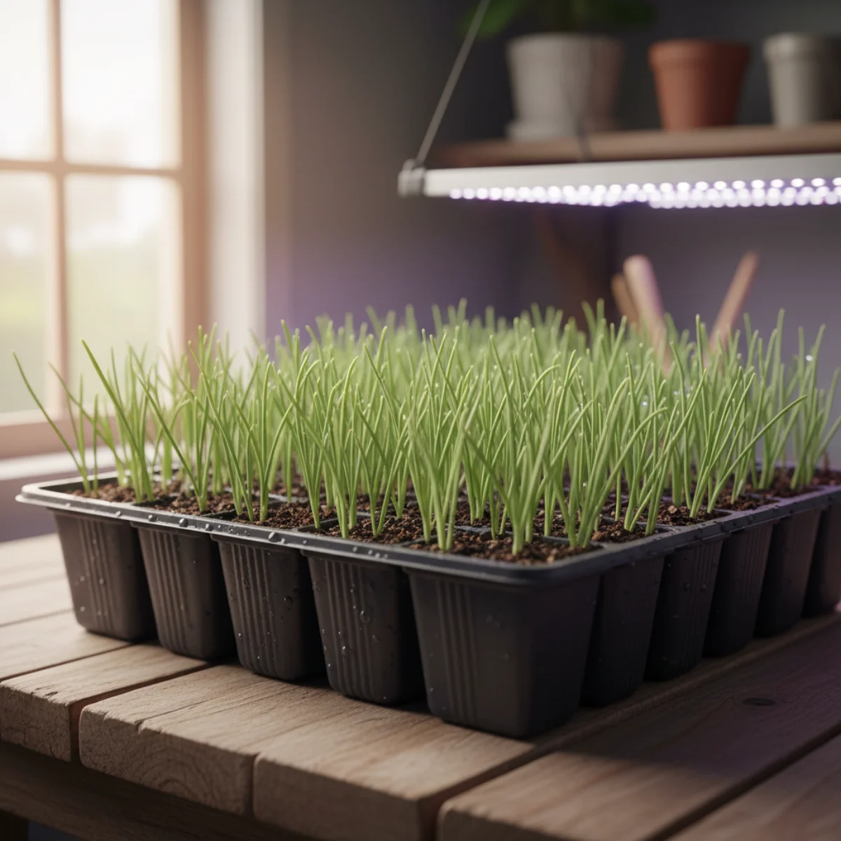 Shallow tray filled with dense onion seedlings, thin green shoots emerging from dark seed-starting mix