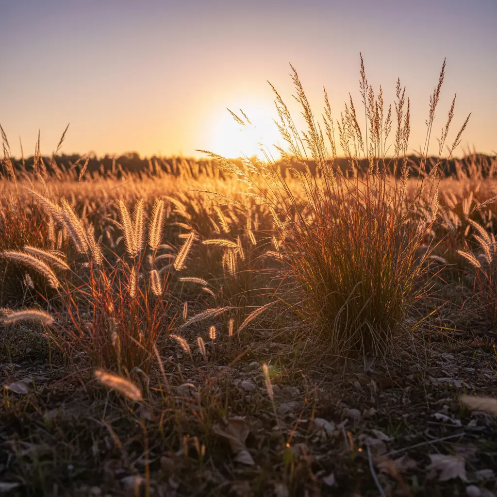Sunset backlight through miscanthus, pennisetum, and little bluestem, shallow depth