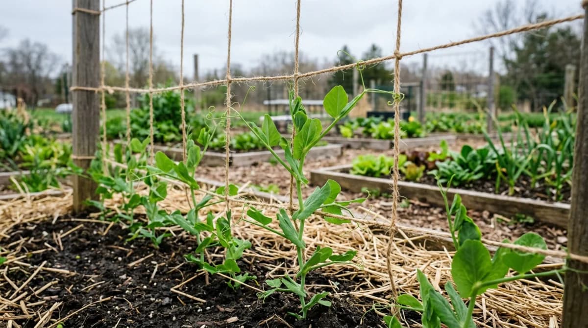 Young pea plants climbing a garden trellis in early spring