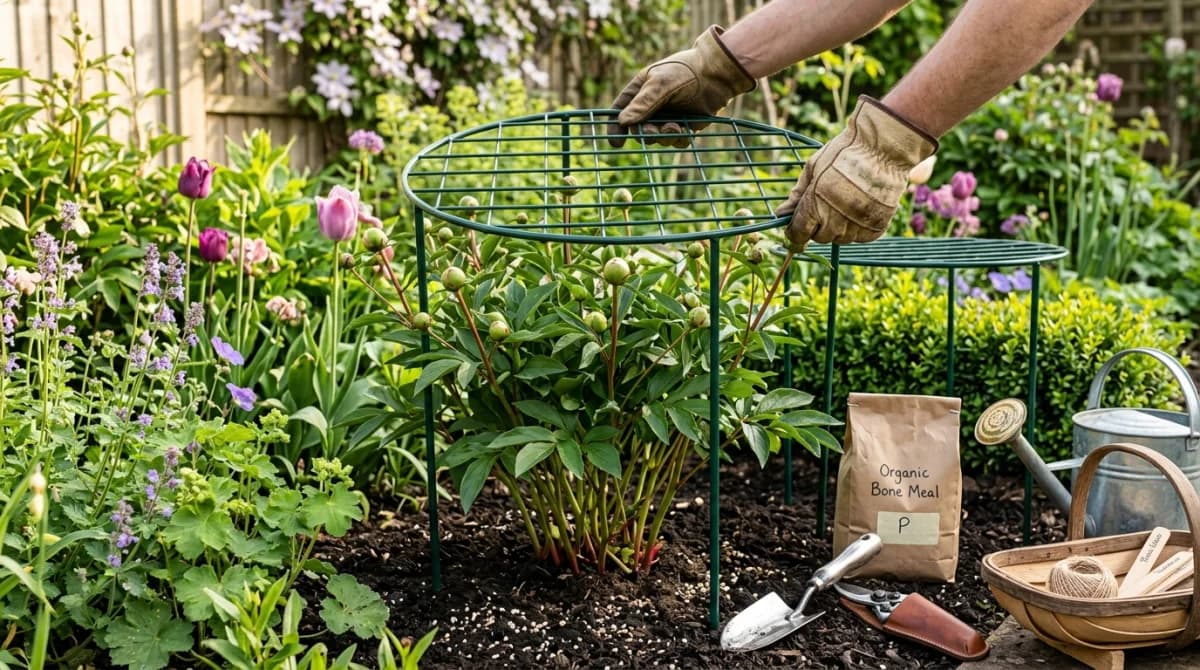 A mature herbaceous peony clump in mid-May with fresh green foliage about eighteen inches high and tight pea-sized flower buds forming at the tips of the stems, a circular metal grow-through support with a green powder-coated grid being lowered over the crown from above by gloved hands, and a second support waiting on the path beside the border