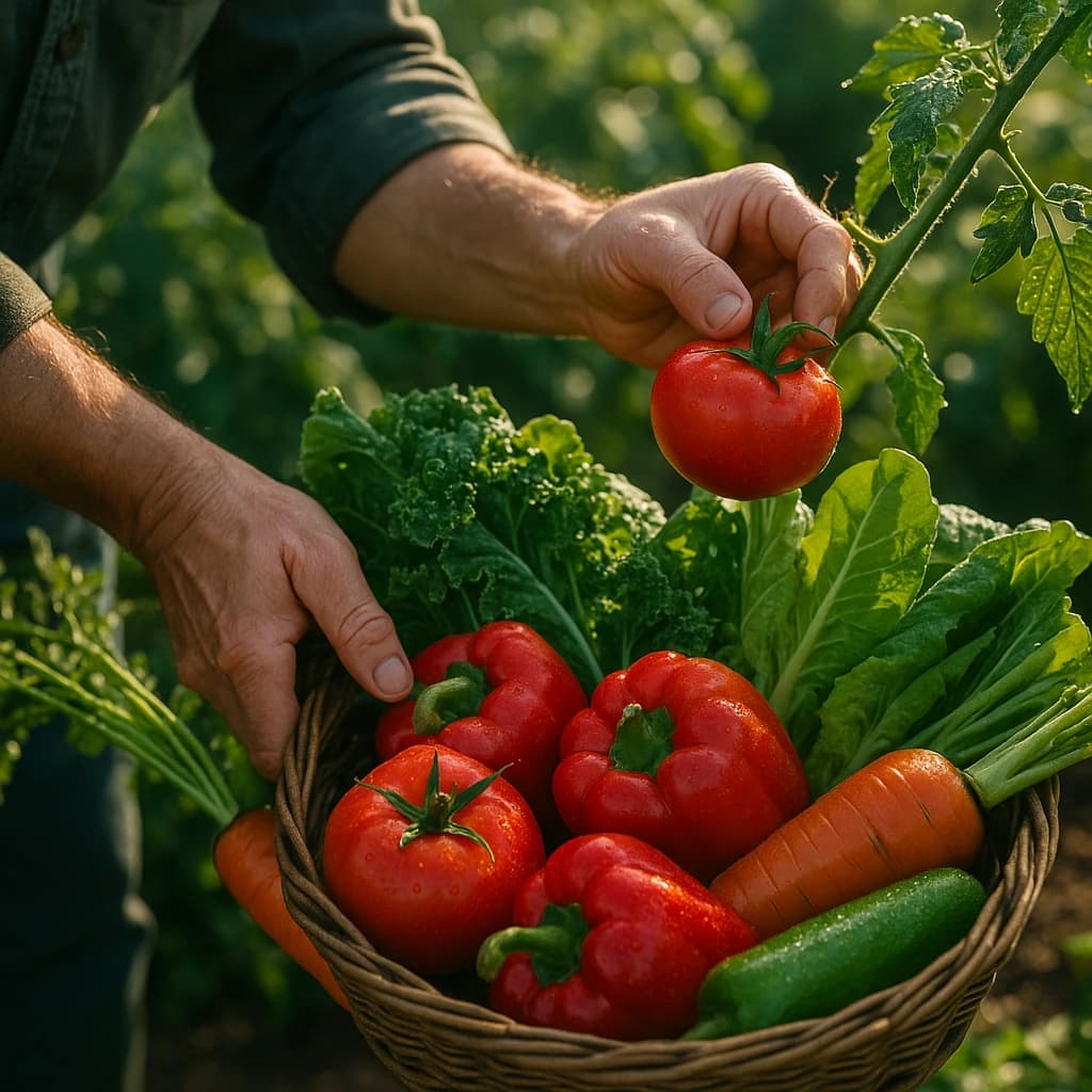 Gardener's hands harvesting perfectly ripe vegetables at peak timing, showing tomatoes, peppers, and leafy greens at optimal harvest stage