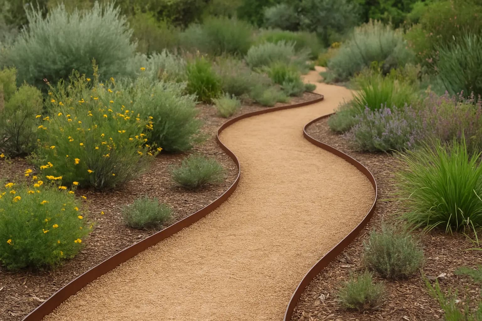 Curved decomposed granite path through native garden with steel edging