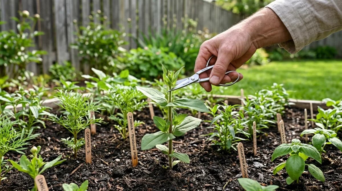 A hand using small scissors to pinch the growing tip from a young zinnia seedling in a sunny May garden bed, with cosmos, snapdragons, and basil starts in the background