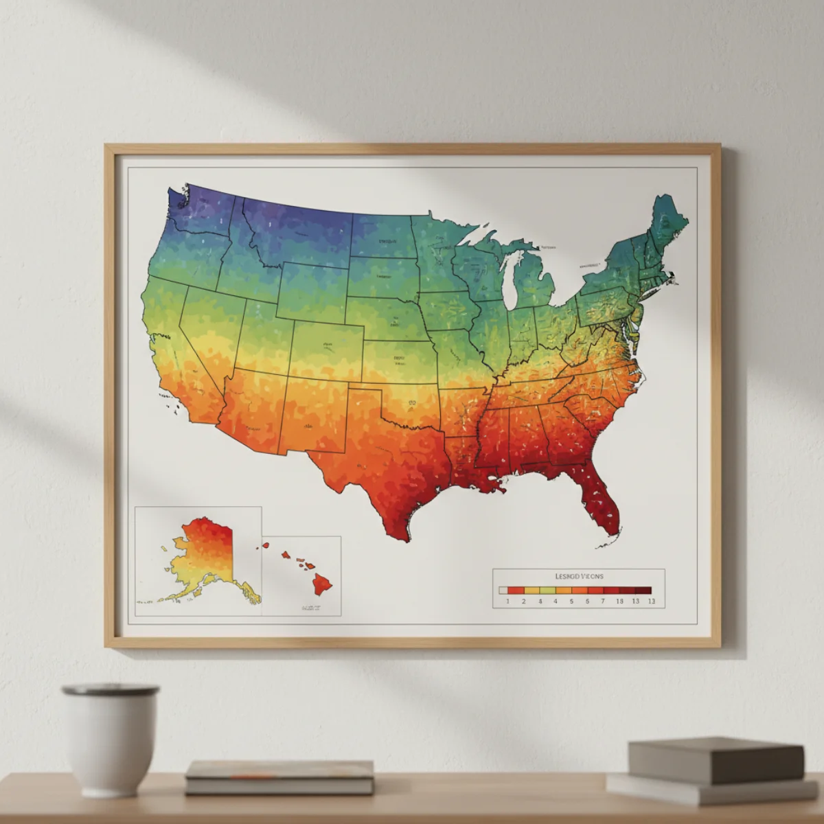 A colorful USDA plant hardiness zone map of the United States showing temperature zones from 1 through 13