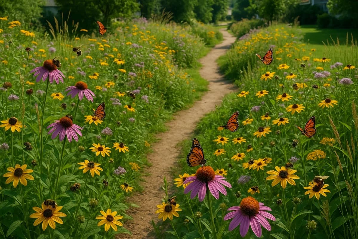 Beautiful garden designed as a pollinator corridor with native wildflowers, butterflies, and bees creating a natural wildlife pathway