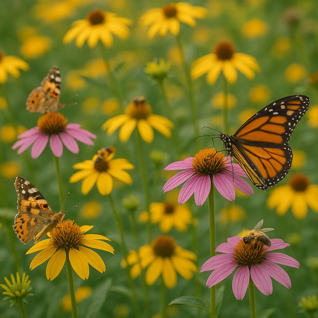 Bees and butterflies feeding on late-summer flowers in a pollinator garden