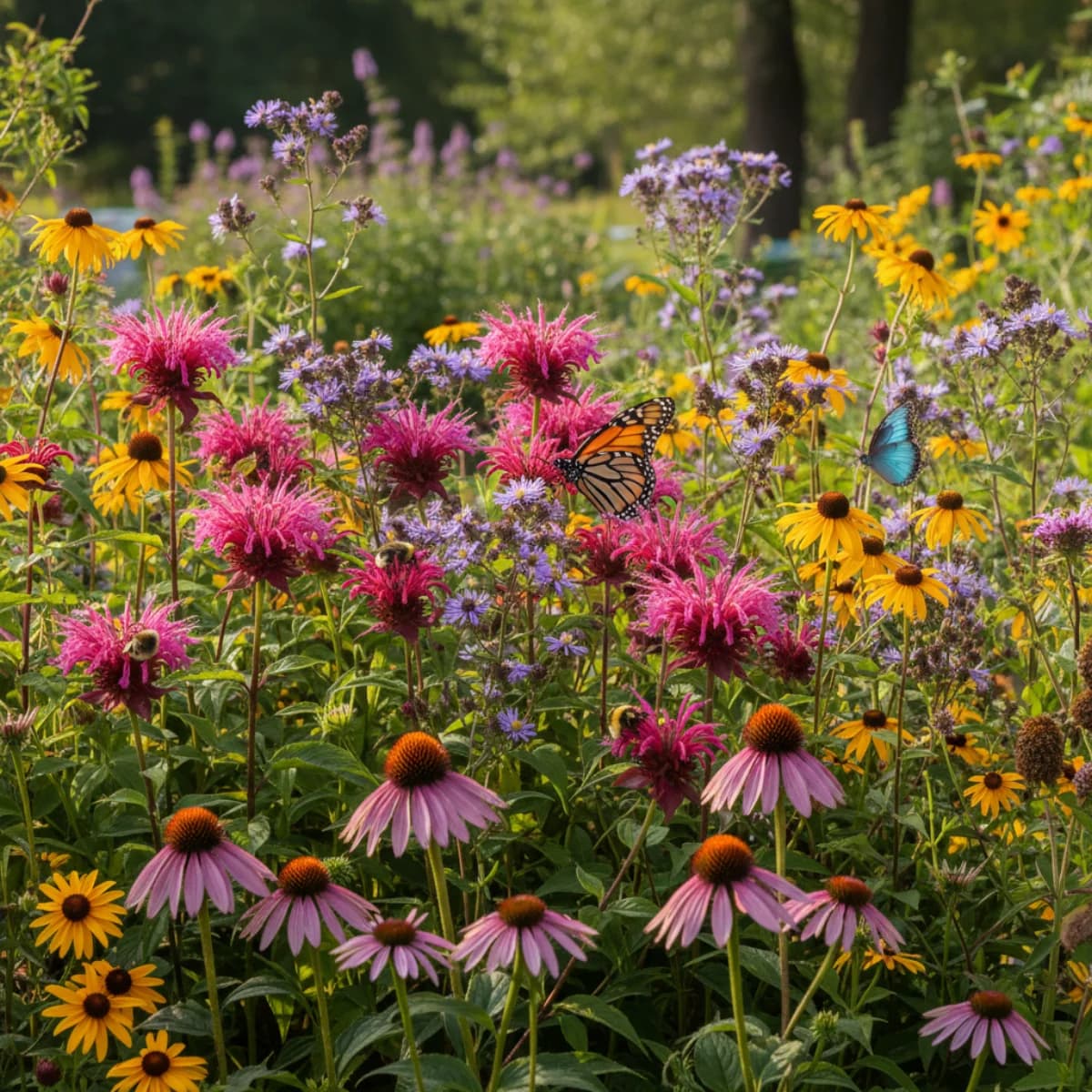 A lush garden border filled with native wildflowers, coneflowers, and bee balm attracting bumblebees and butterflies in summer