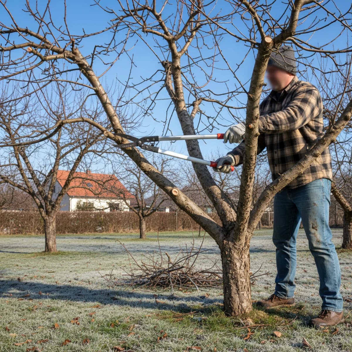 Person with loppers pruning a dormant apple tree in late winter with blue sky behind