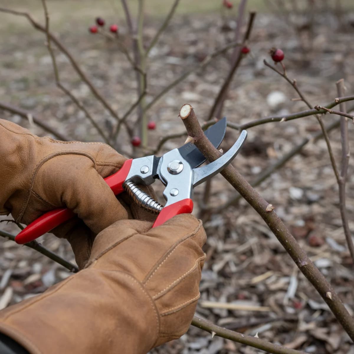 Gloved hands using sharp bypass pruners to cut rose canes in late winter garden