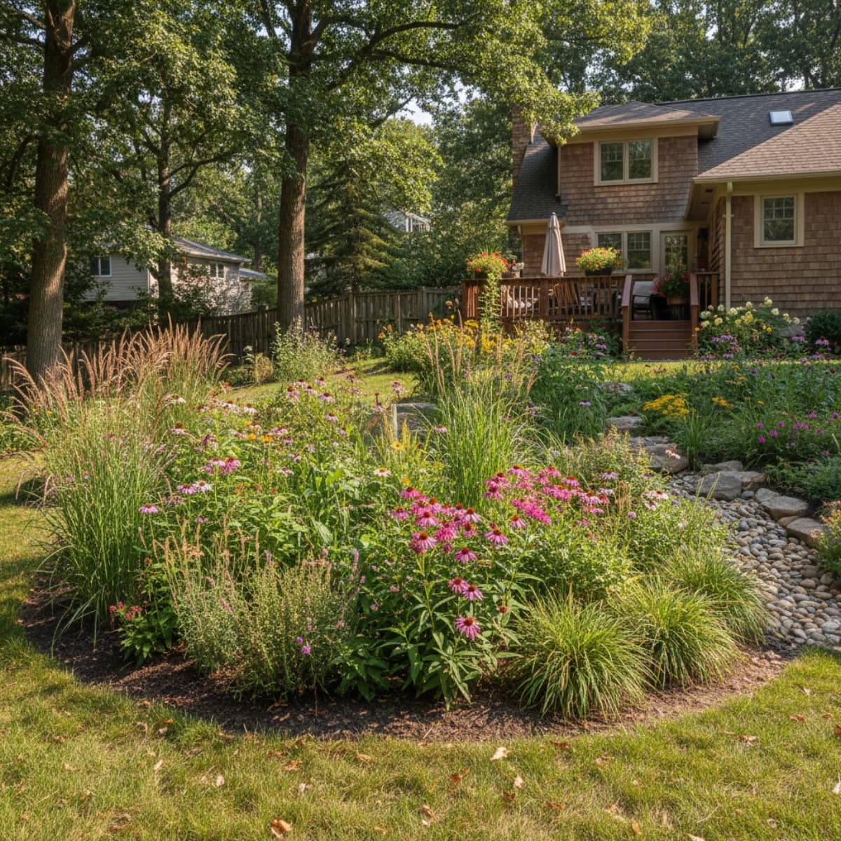 A lush rain garden in a residential yard with native plants, grasses, and sedges in a gently sloped depression